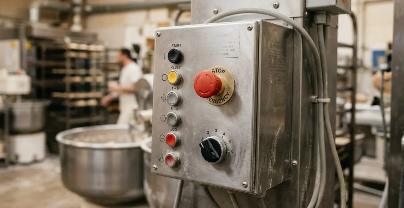 Bouton d'arrêt d'urgence rouge sur panneau de commande d'un pétrin professionnel