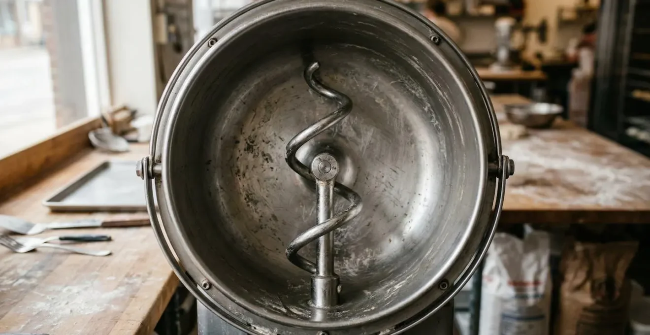 Cuve de pétrin en inox avec traces d'usure normale visibles