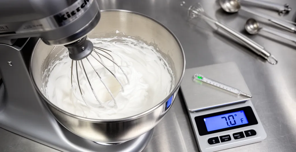 Équipement pâtissier professionnel sur plan de travail inox avec balance et thermomètre