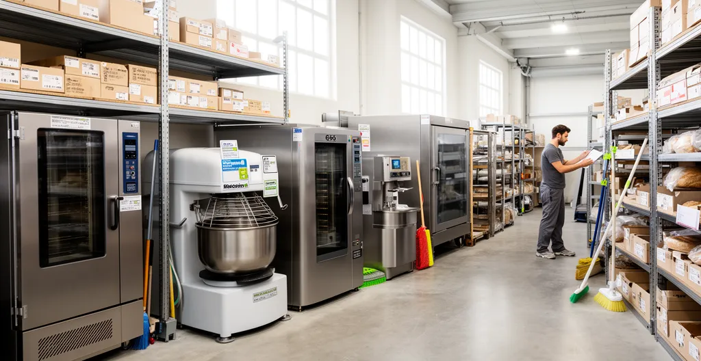 Équipements de boulangerie professionnels rénovés alignés dans un espace de stockage