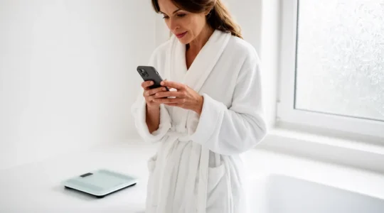 Femme consultant son smartphone après pesée sur balance connectée dans salle de bain moderne