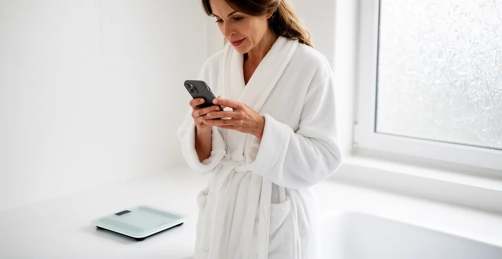 Femme consultant son smartphone après pesée sur balance connectée dans salle de bain moderne