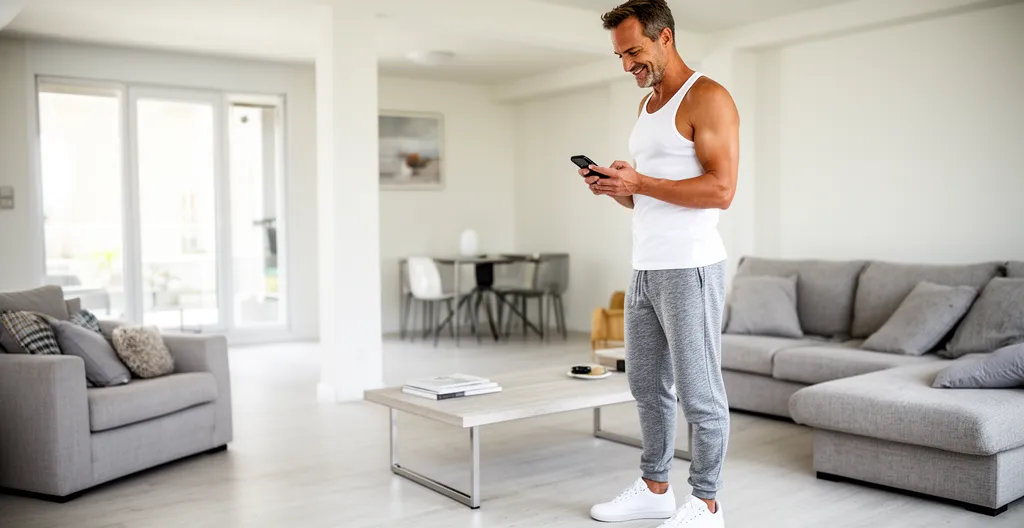 Homme sportif vérifiant ses données de composition corporelle sur smartphone le matin