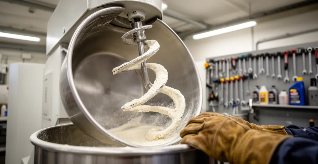 Vue intérieure d'un pétrin professionnel lors d'une vérification de remise en état