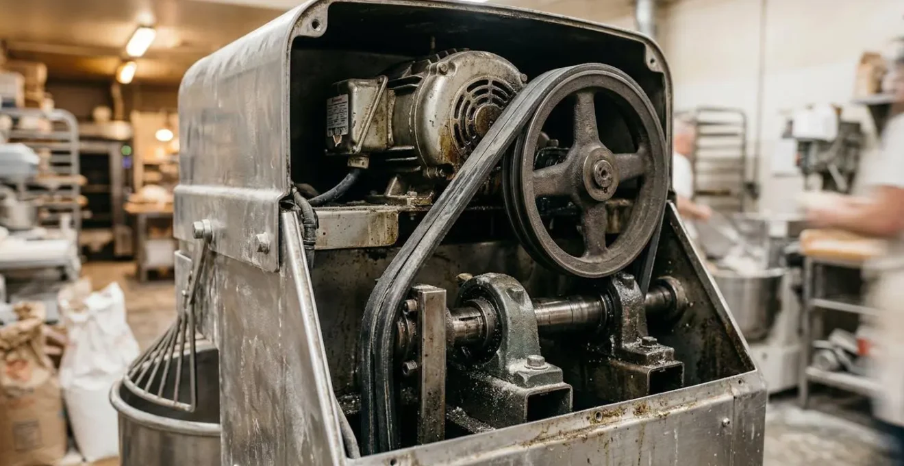 Vue sur le moteur et la transmission d'un pétrin professionnel avec capot ouvert