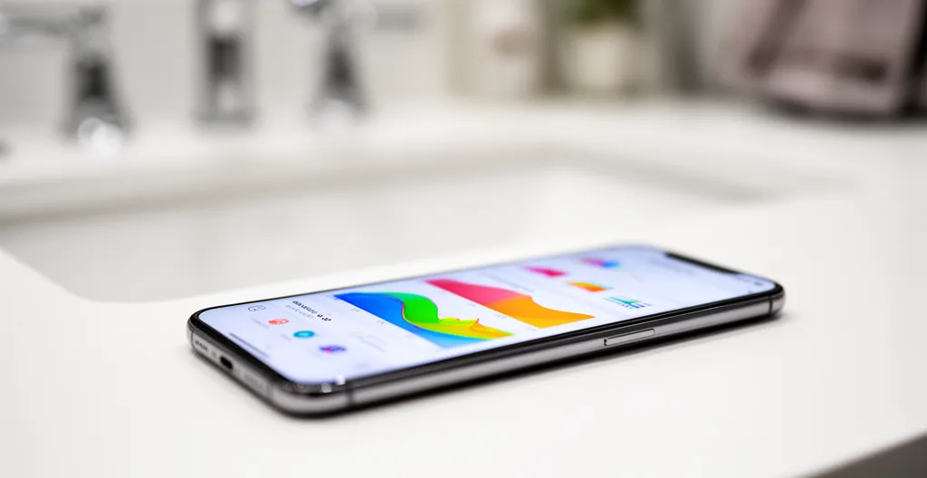 Smartphone affichant application de suivi composition corporelle avec courbes de progression