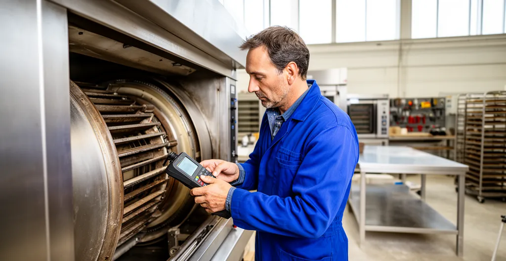 Technicien inspectant un four à chariot professionnel dans un atelier de remise en état boulangerie