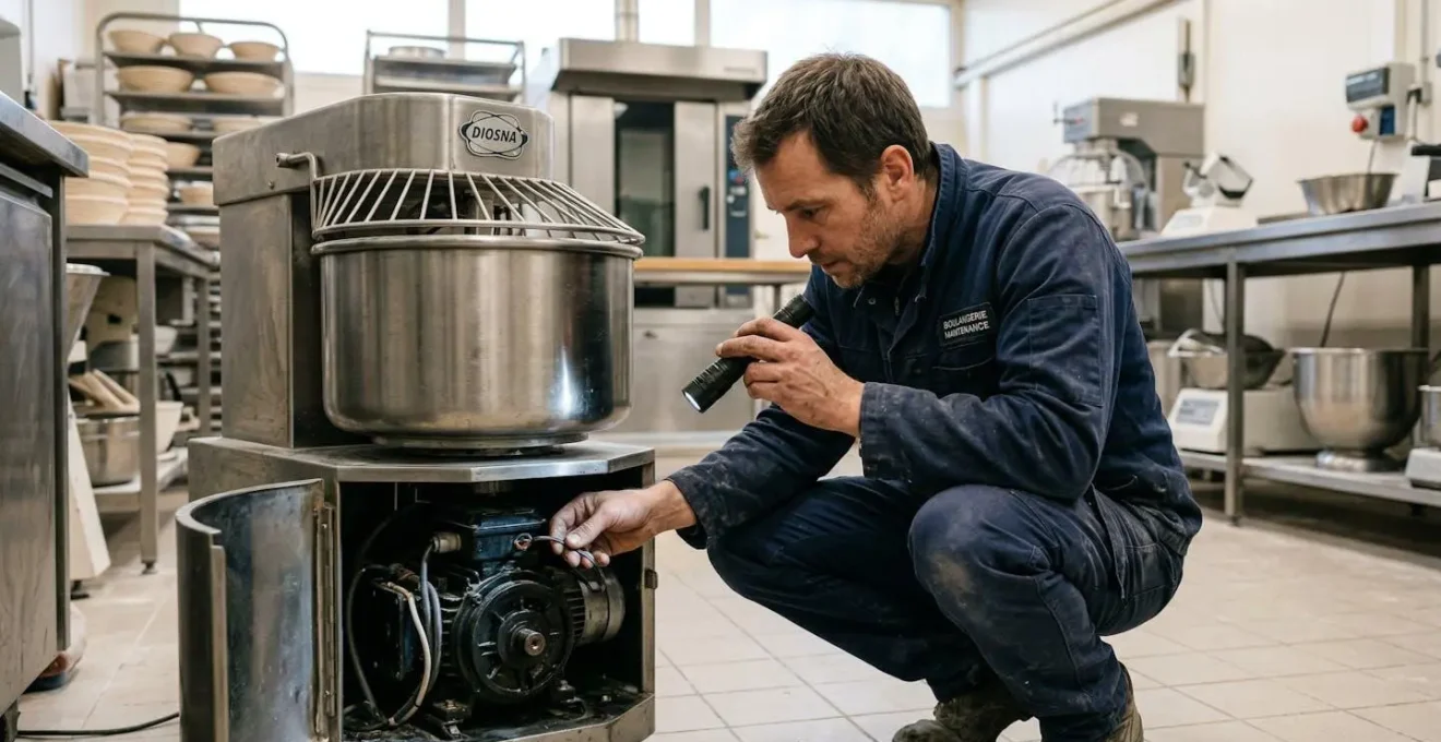 Technicien inspectant un pétrin spirale professionnel dans un fournil de boulangerie