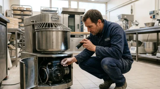 Technicien inspectant un pétrin spirale professionnel dans un fournil de boulangerie