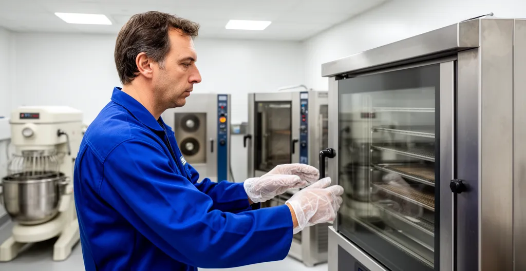 Technicien inspectant un robot pâtissier professionnel d'occasion dans un atelier